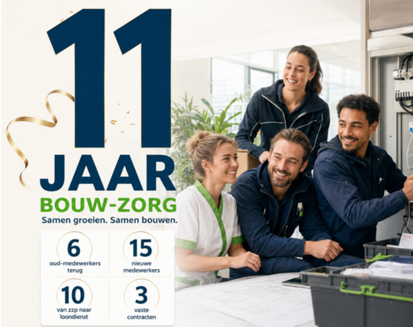 Medewerkers uit zorg, bouw, techniek en logistiek bij 11 jaar Bouw-Zorg Groep